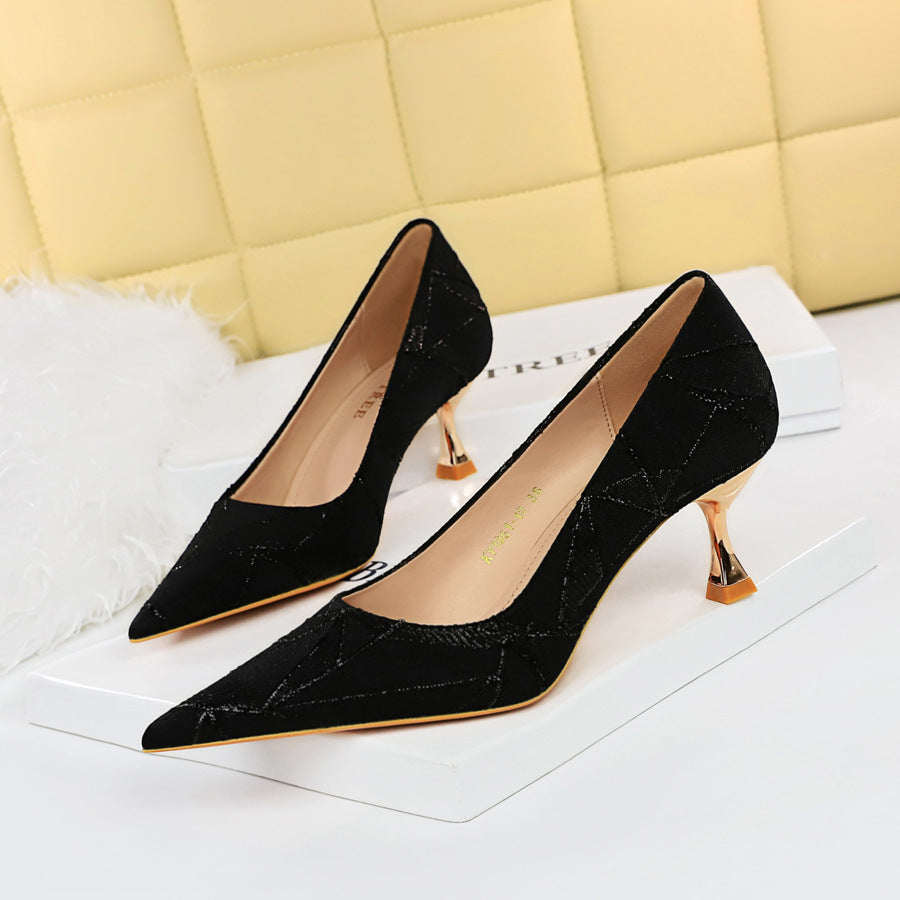 Metal Heel Fabric Upper Shallow Pointed Toe Slim Heels