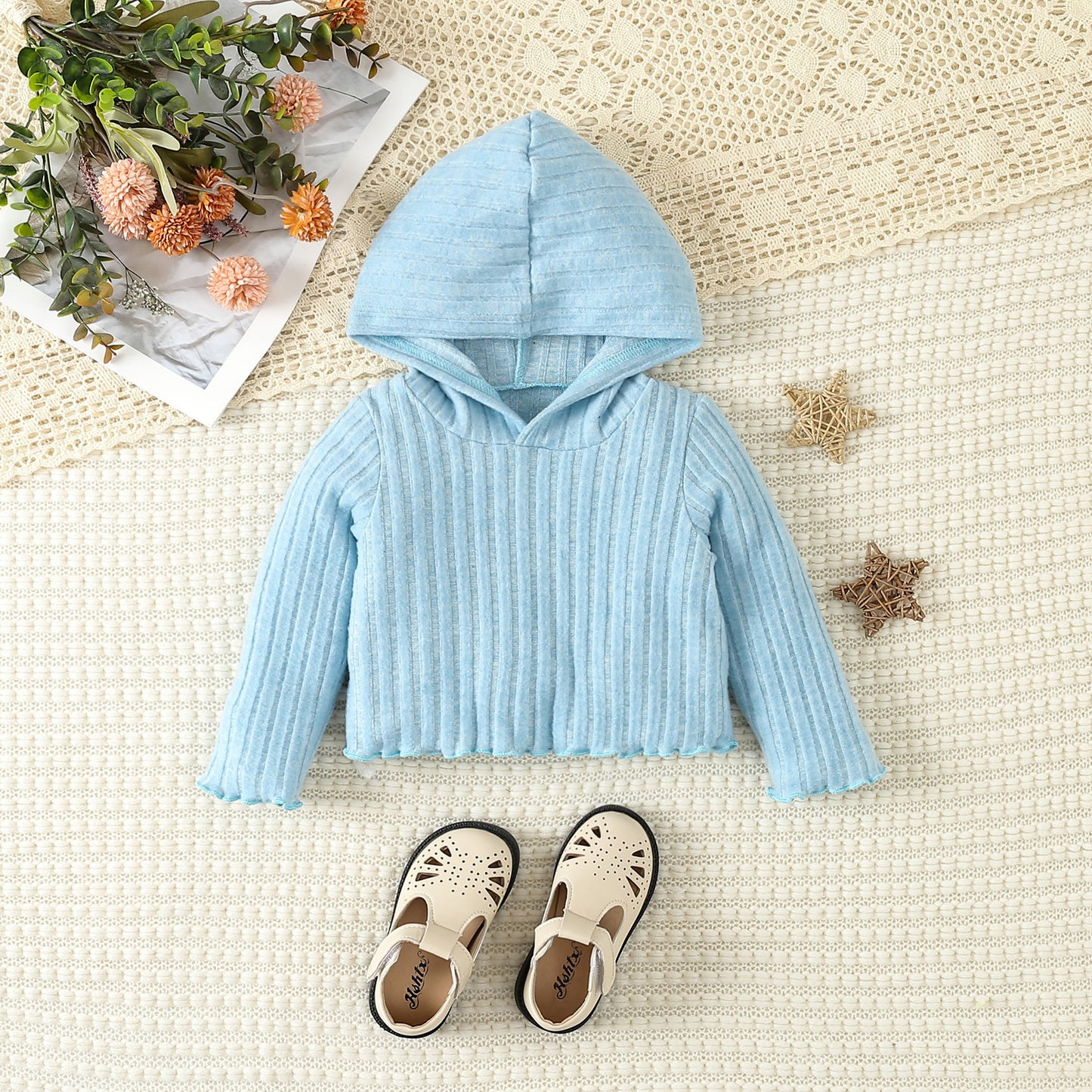 Infant Toddler Cute Style Solid Color Hooded Sweater Bell-bottom Pants Suit