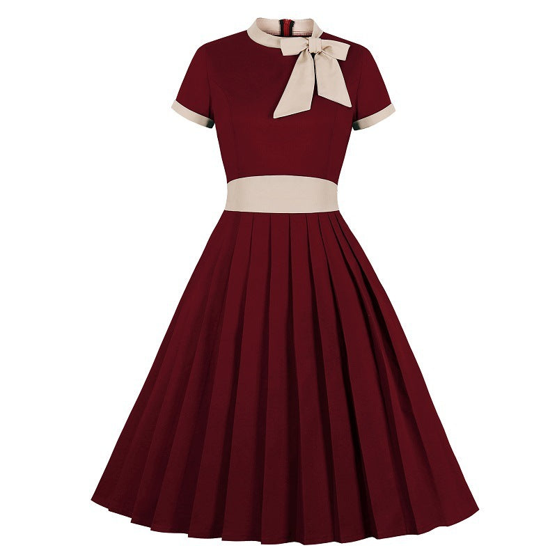 Ladies pleated stand collar bow dress