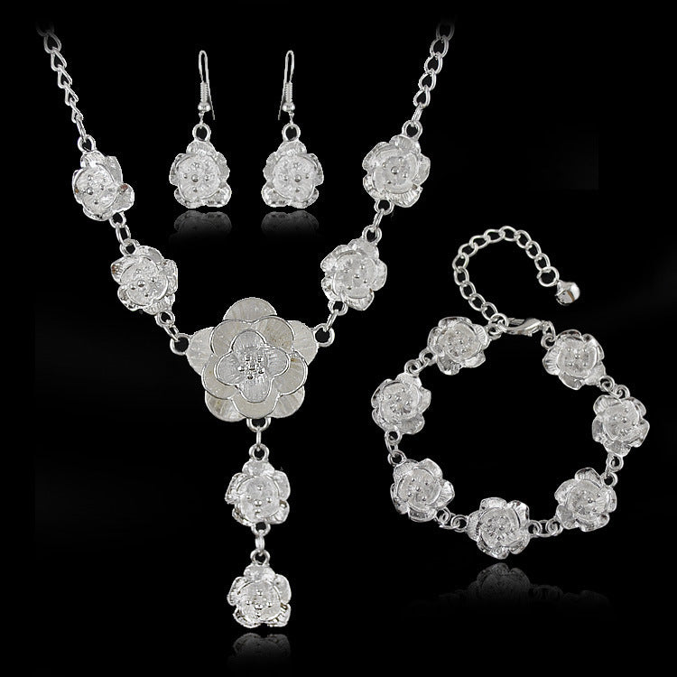 Elegant Silver Floral Jewelry Set-Earrings & Bracelet for Women-Luxury Silver Flower Necklace-Bridal & Party Jewelry Collection