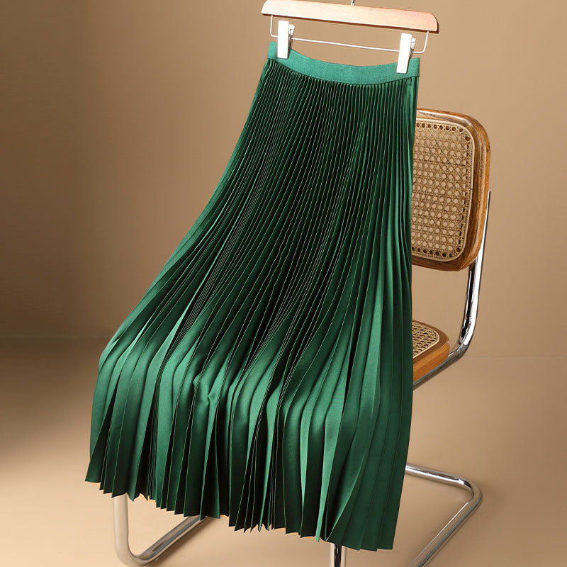 Pure-color High-grade Satin Pleated Skirt Large Size With A Half Skirt