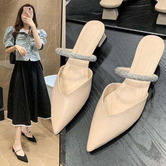 Women Wear Thick-heeled Pointed Muller Slippers In Summer