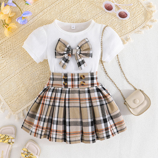 Top Plaid Bow Plaid Skirt Fashion Baby Girl Two-piece Set