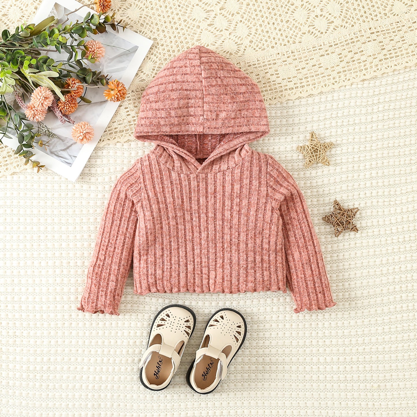 Infant Toddler Cute Style Solid Color Hooded Sweater Bell-bottom Pants Suit