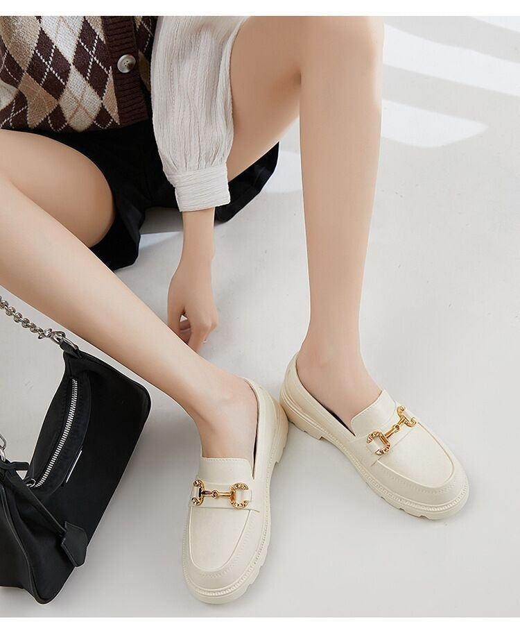 Women's British Style Retro Small Golden Button Round Toe PVC Slip-on Platform Shoes