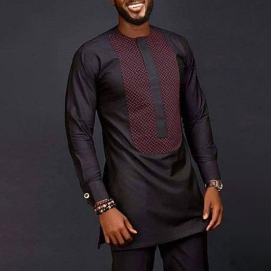 African Ethnic Style Men's Suit Printed Stitching Shirt And Solid Color Pants Men Leisure Set