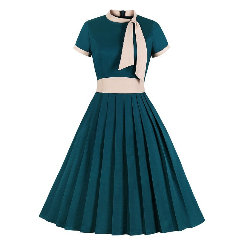 Ladies pleated stand collar bow dress