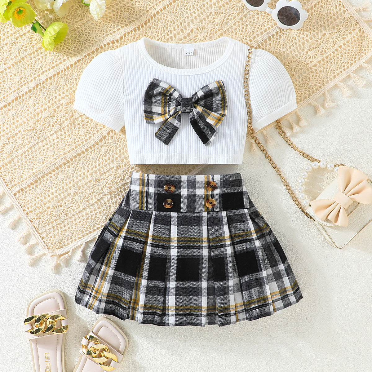 Top Plaid Bow Plaid Skirt Fashion Baby Girl Two-piece Set