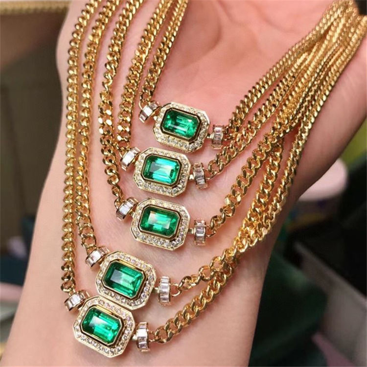 Retro High-grade Emerald Cuban Link Chain Necklace