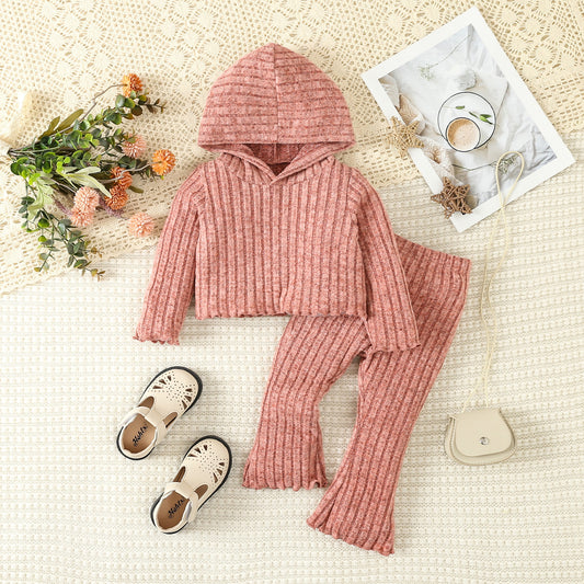 Infant Toddler Cute Style Solid Color Hooded Sweater Bell-bottom Pants Suit