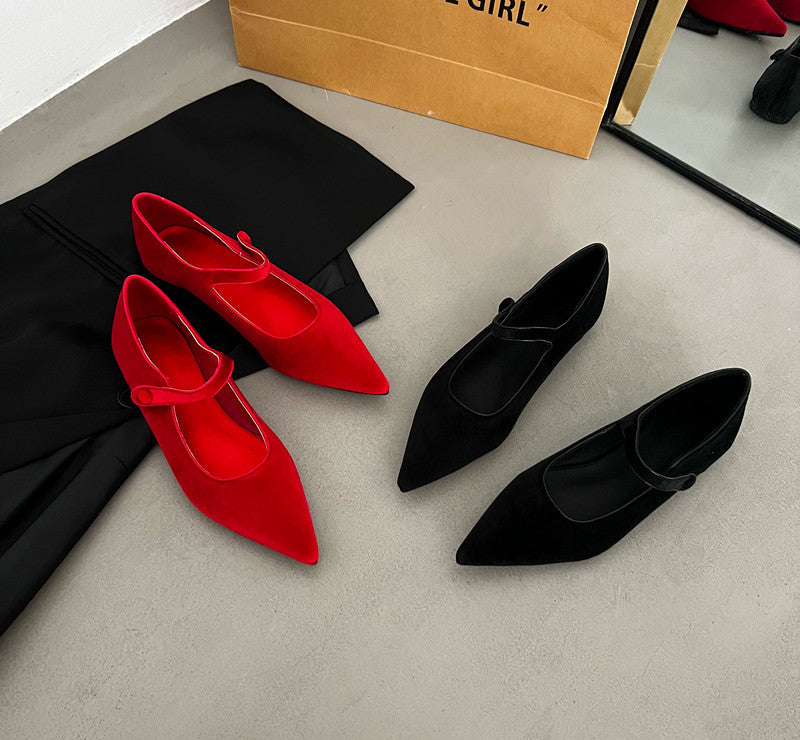 Women's French-style Pointed Buckle Velvet Flat Shoes