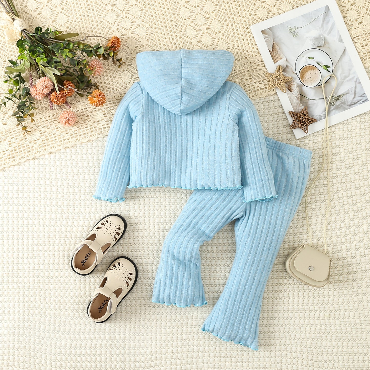 Infant Toddler Cute Style Solid Color Hooded Sweater Bell-bottom Pants Suit