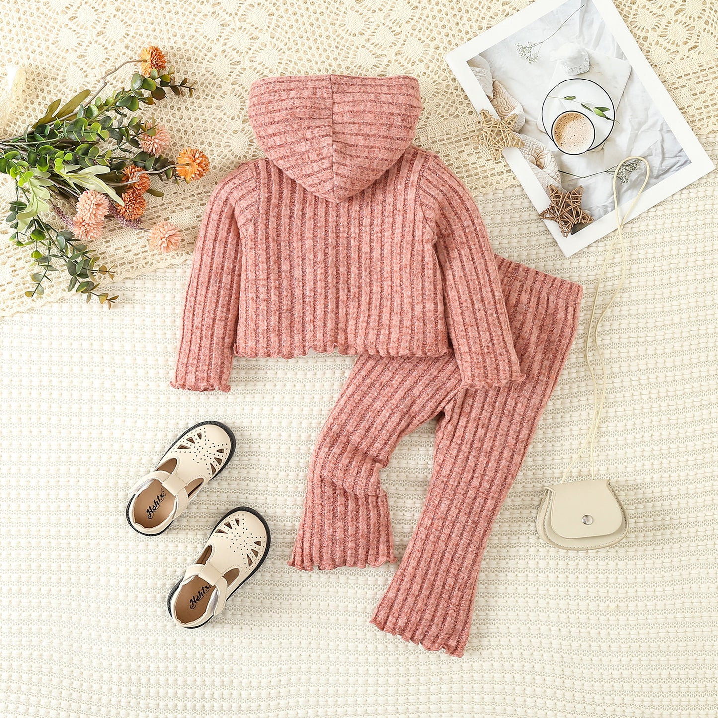 Infant Toddler Cute Style Solid Color Hooded Sweater Bell-bottom Pants Suit