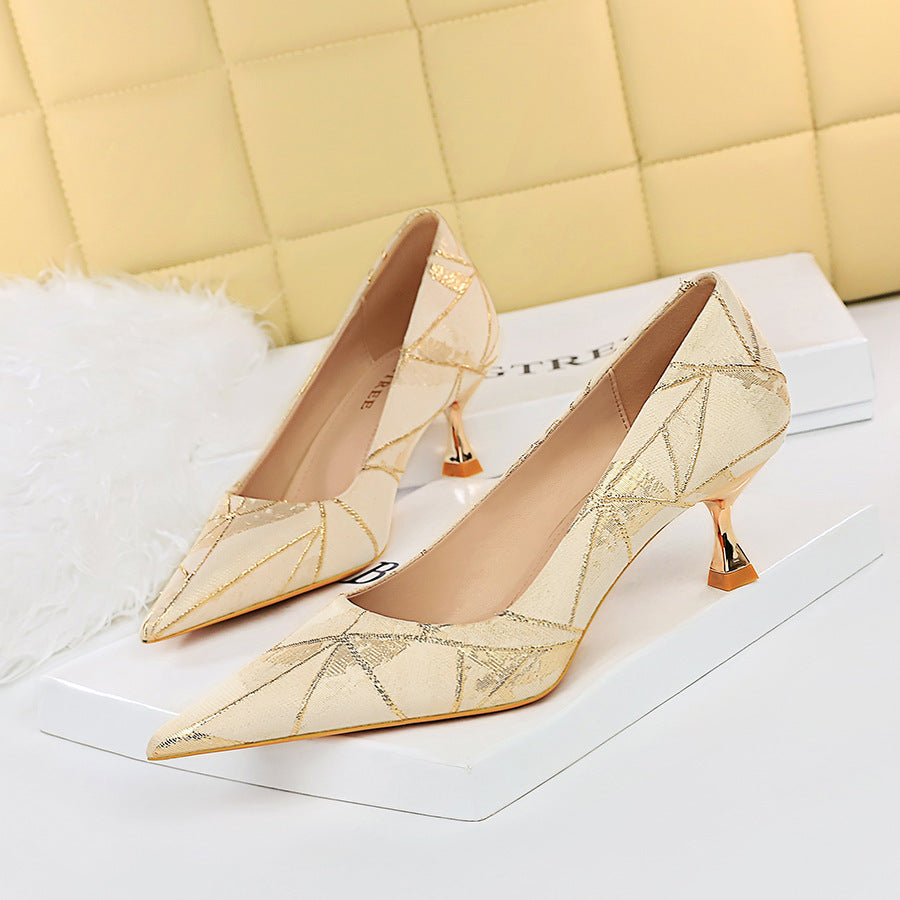 Metal Heel Fabric Upper Shallow Pointed Toe Slim Heels