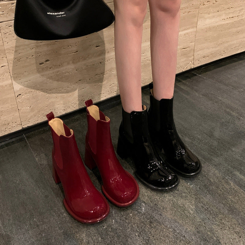 Round End Chimney Boots With Thick Heels And Patent Leather Short Boots