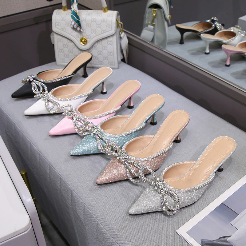 Rhinestone Bow Toe Satin Tip Sandals