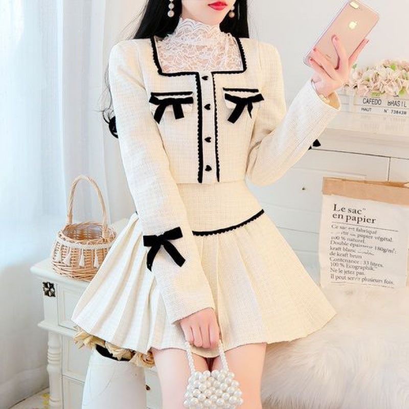 Small Fragrant Wind Lace Shirt Sweet High Waist A Pleated Half-body