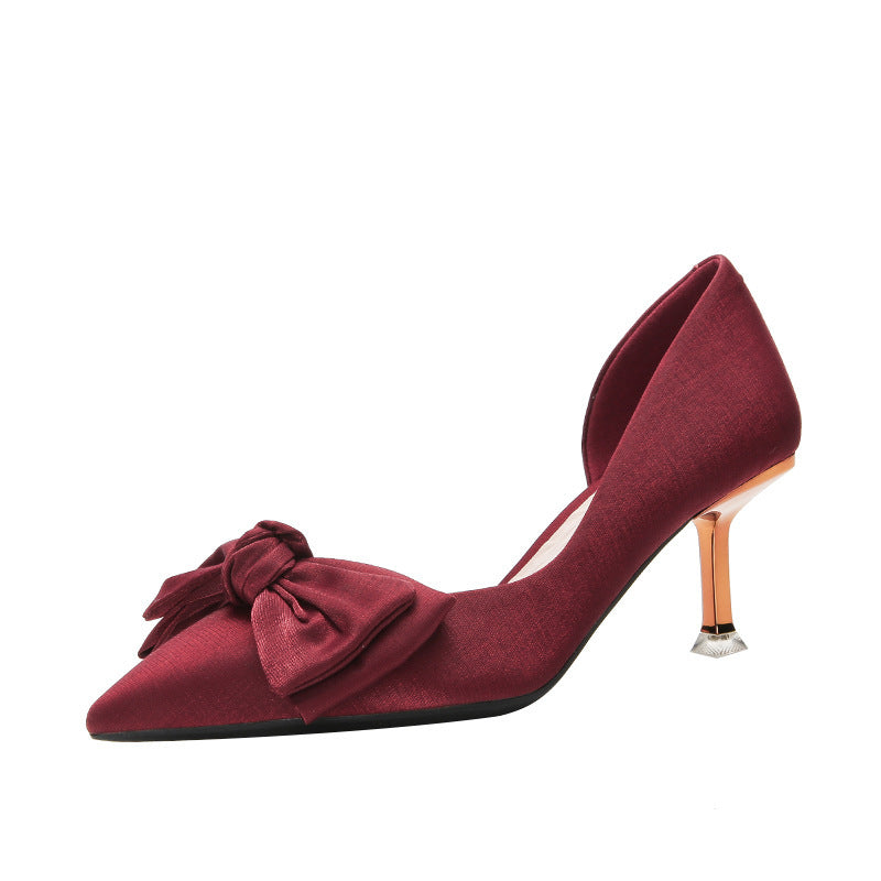 Luxury Red Bow Satin Heels – Women’s Pointed-Toe Kitten Heels with Gold Stiletto