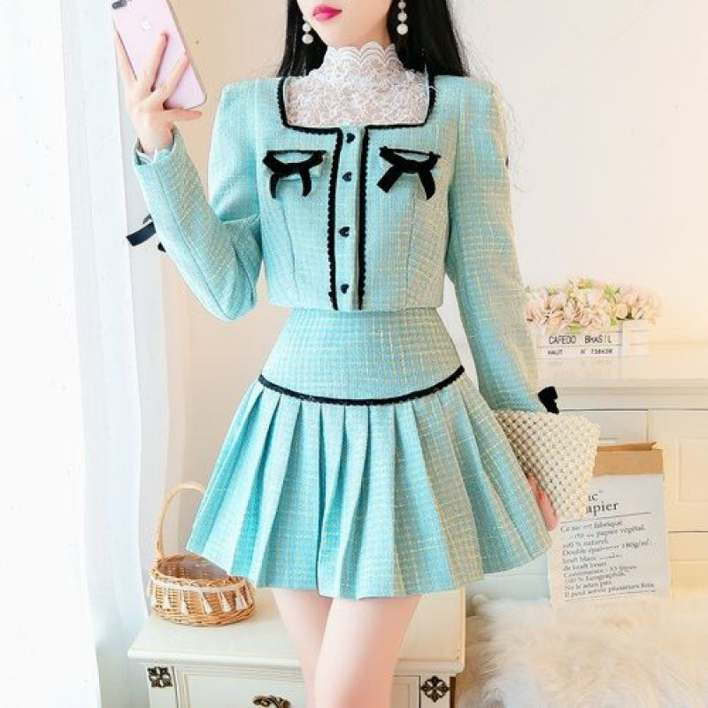 Small Fragrant Wind Lace Shirt Sweet High Waist A Pleated Half-body