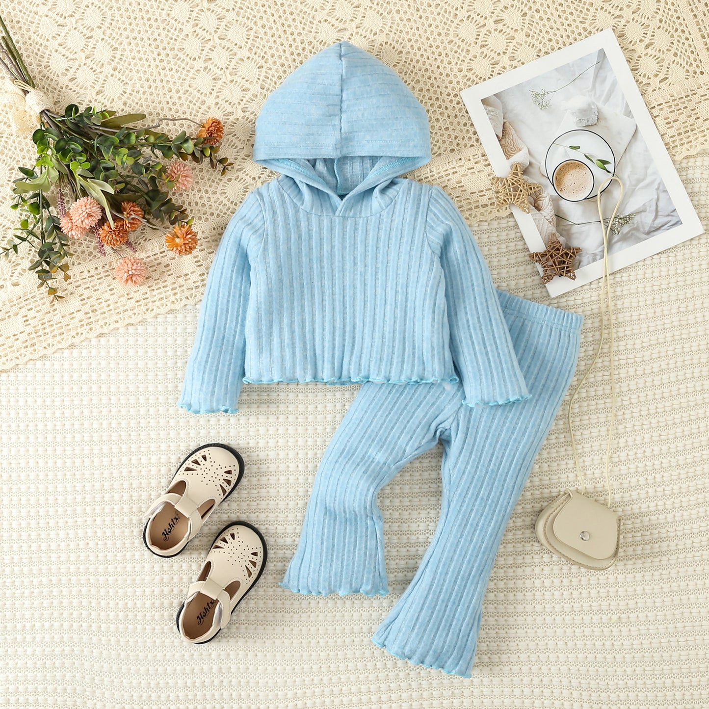 Infant Toddler Cute Style Solid Color Hooded Sweater Bell-bottom Pants Suit