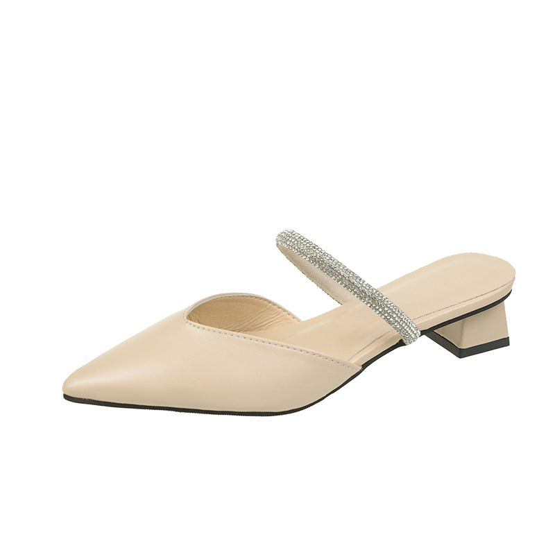 Women Wear Thick-heeled Pointed Muller Slippers In Summer