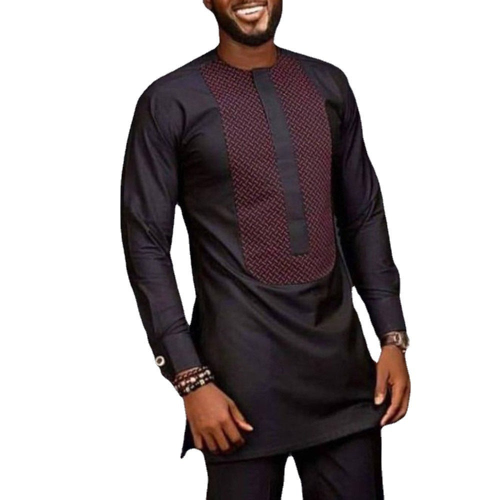 African Ethnic Style Men's Suit Printed Stitching Shirt And Solid Color Pants Men Leisure Set