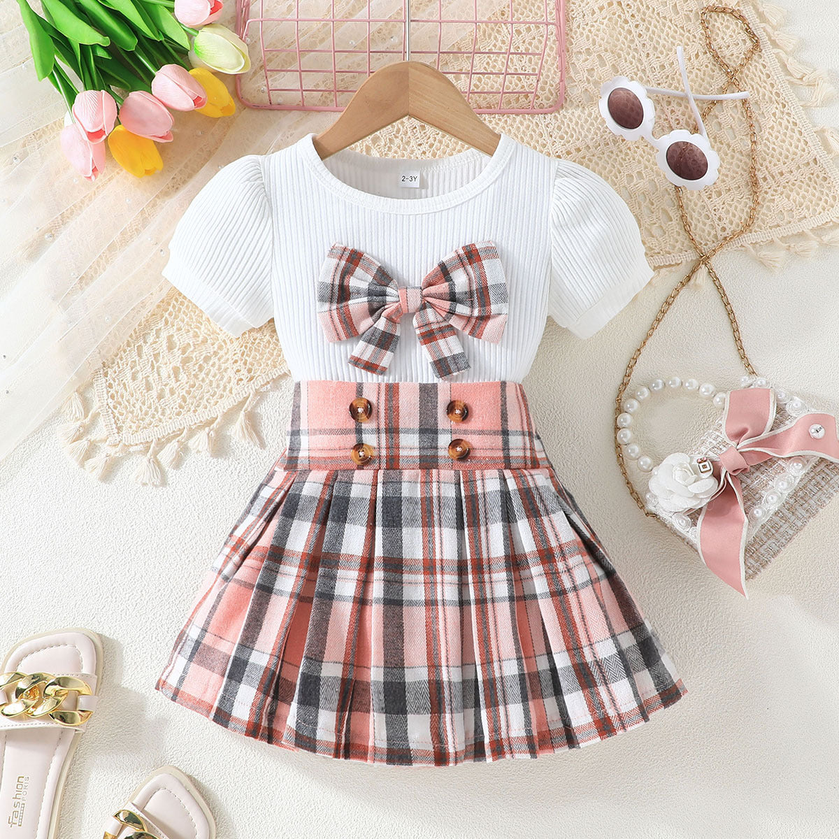 Top Plaid Bow Plaid Skirt Fashion Baby Girl Two-piece Set