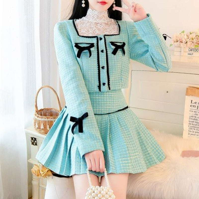 Small Fragrant Wind Lace Shirt Sweet High Waist A Pleated Half-body